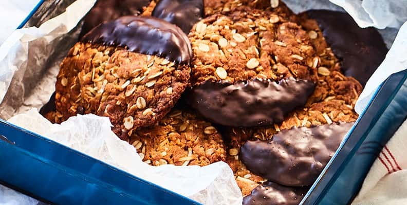Chocolate-dipped ANZAC biscuits