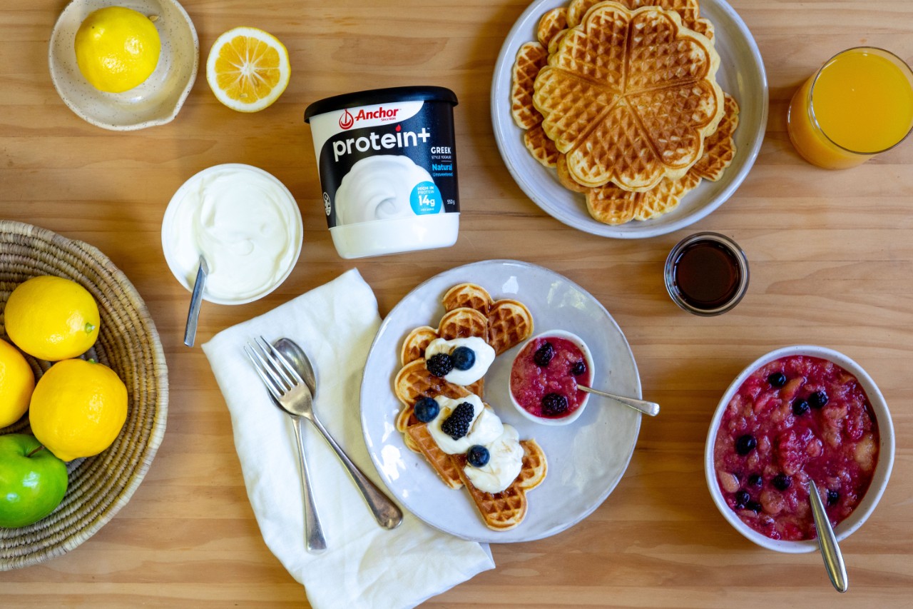 Fluffy Yoghurt Waffles with Stewed Feijoas