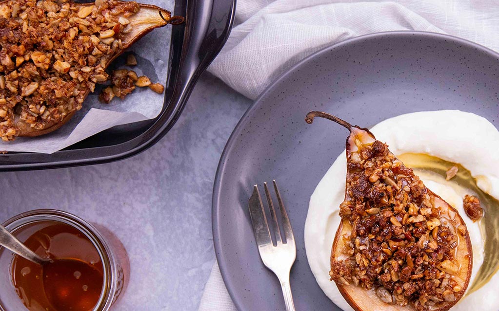 ‘Crumble’ Stuffed Pears With Honey Yoghurt  