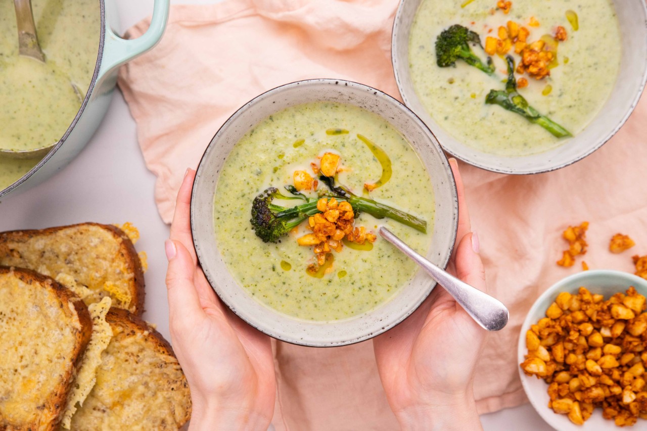 Sweet Stem Broccoli Soup with Smoked Macadamia Crumb 