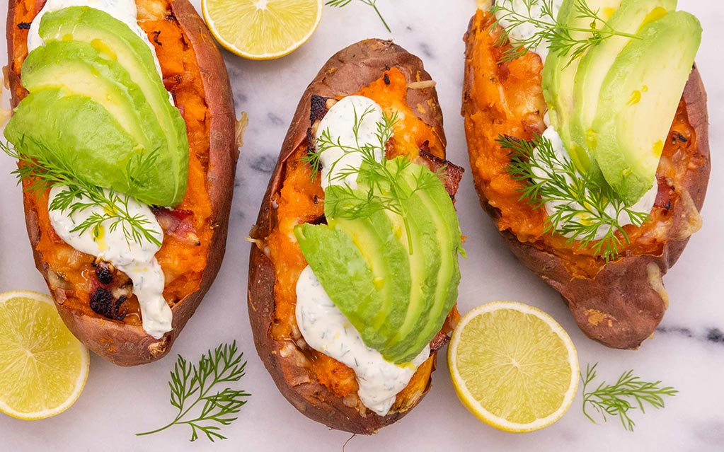 Stuffed Sweet Potatoes with Bacon & Dill Cream 